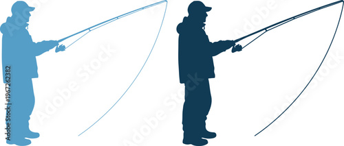 Two men fishing with rods in silhouette