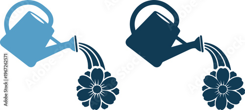 Vector illustration of two watering cans with flowers in blue tones