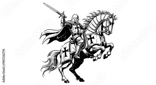 Medieval Knight Riding Horseback With Sword.