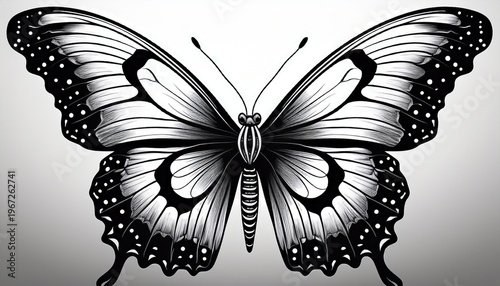 black and white butterfly silhouette with detailed wing patterns and antennae spread on white background