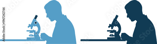 Silhouettes of two people using microscopes in a laboratory setting with