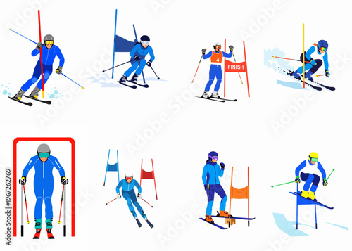 Collection of flat vector illustrations depicting various alpine skiers competing in downhill racing, slalom, and freestyle events on a white background.