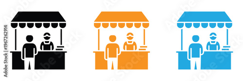 Market stall icon set showing outline and colorful vendor booth illustrations. Colorful icons of people working at market stalls in black, orange, and blue Vector illustration