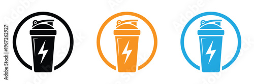 Protein Shake Supplement Bottle icon. graphic of a protein shaker bottle with a lightning bolt symbol, representing energy and power for fitness and active lifestyle Pro Vector
