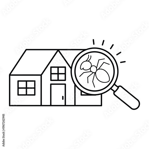 Home pest control inspection vector outline icon with house, magnifying glass and termite.