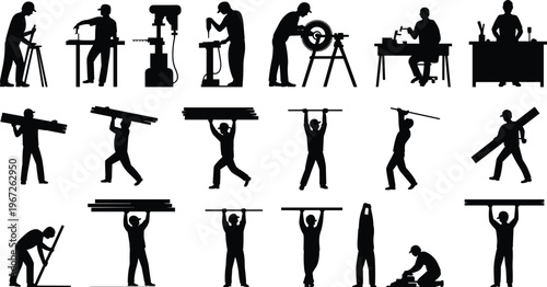 silhouette, workers, construction, industrial, tools, equipment, labor, maintenance, industry, professional, builder, technician, service, manual, job, activity, workshop, carrying, working, people