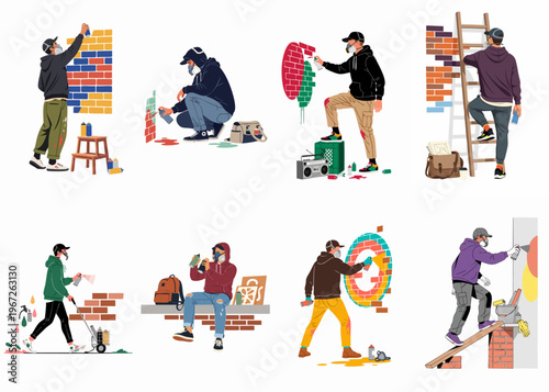 Set of vector illustrations featuring graffiti artists wearing masks and using spray cans to create colorful street art on brick walls.