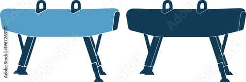 Two navy and light blue gymnastic balance beams