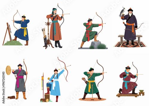 Set of Vector Illustrations Depicting Traditional Mongolian Archers and Falconers in Ethnic Costume Practicing Ancient Skills on a White Background