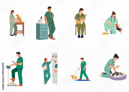 Set of professional veterinarians in scrubs caring for various dog breeds in a veterinary clinic setting, including examinations, weighing, and medical care.