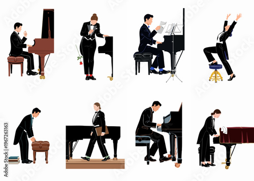 Professional Pianists in Formal Tuxedos Performing, Bowing, and Preparing at Grand Pianos Illustration Set