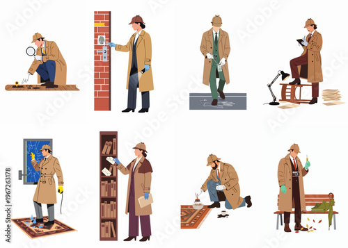 Professional private investigators and forensic detectives analyzing clues, fingerprints, and evidence in various mystery-solving scenarios, flat vector illustration.