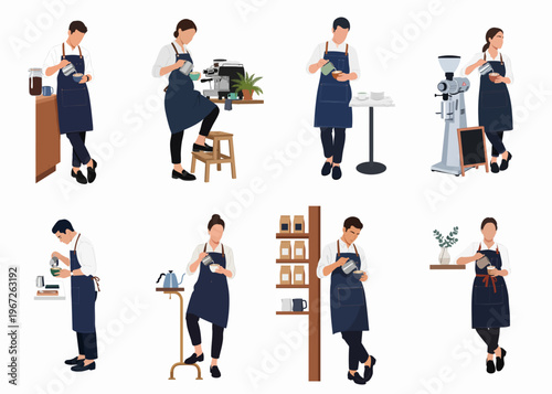 Set of flat vector illustrations featuring professional male and female baristas in blue aprons preparing coffee, pouring latte art, and working in a cafe.