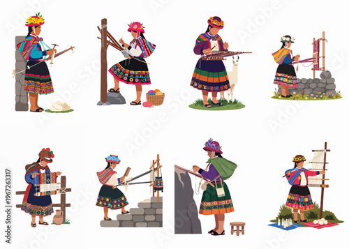 Flat vector illustrations of indigenous Peruvian women weaving vibrant textiles using traditional methods and wearing colorful ethnic attire.