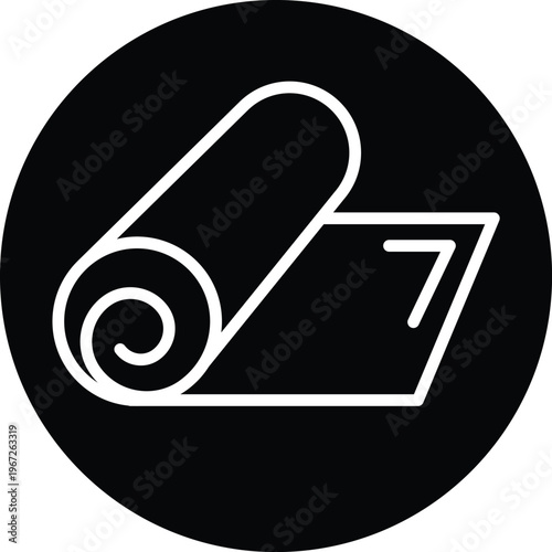 Yoga Mat icon white line art on black circle background vector minimalist fitness symbol