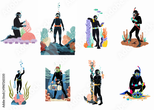 Set of various underwater divers and marine biologists exploring ocean life, researching coral reefs, and conducting scientific studies in a colorful illustration.