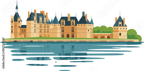 French castle landscape illustration, historic chateau by water reflection, European architecture landmark, travel destination, elegant vector scenic design