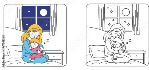 Mother and Baby Sleeping Illustration and Coloring Page Vector - Mother Hugging Child at Night with Moon and Stars in Window - Bedtime Bonding and Maternal Love Scene