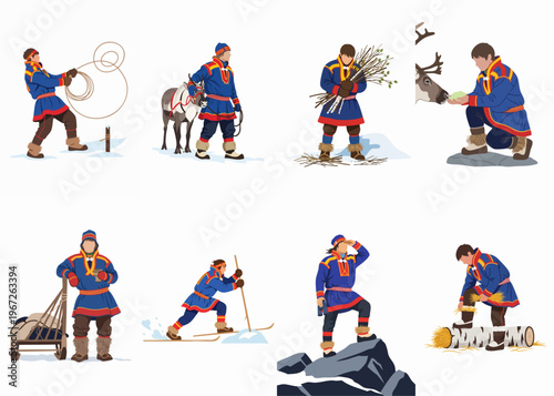Flat Illustrations of Sami People in Traditional Clothing Engaged in Various Cultural and Daily Activities in an Arctic Environment