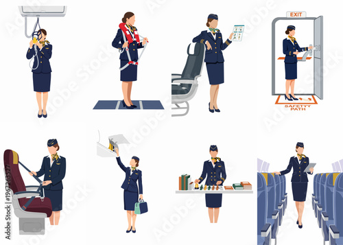 Illustration set of a professional flight attendant demonstrating aircraft safety procedures and performing various cabin crew duties in an airplane interior.