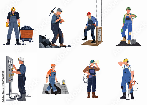 Collection of professional coal miners characters in various mining activities and poses with tools and equipment isolated on white background