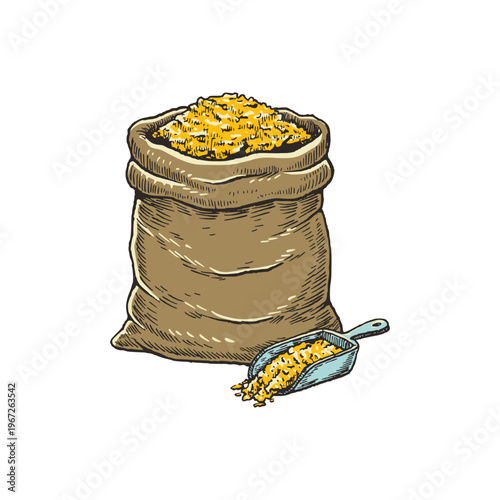 Open Feed Sack Filled with Grain in Rustic Farm Illustration