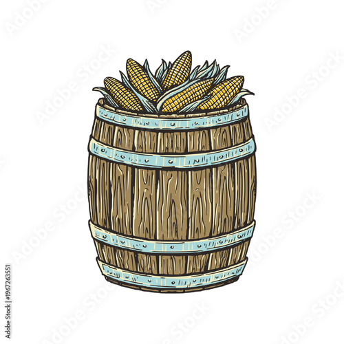 Wooden Barrel Filled with Corn for Livestock Feeding