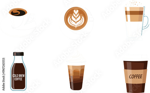 Coffee Drinks Collection Featuring Espresso, Latte Art, Cold Brew Bottle, Frappuccino and Takeaway Cup Modern Cafe Beverage Vector Illustration Set