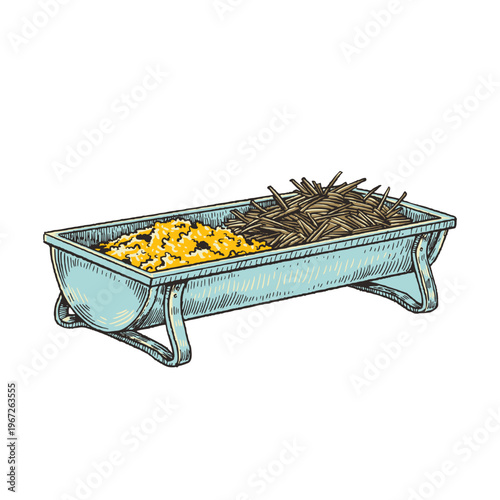 Farm Feeding Trough with Grain and Hay Illustration