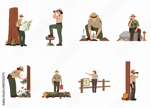 Collection of park ranger characters performing various duties like trail monitoring, tree planting, map reading, and park management in a flat vector style.