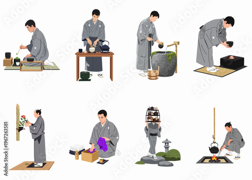 Traditional Japanese Tea Ceremony Rituals Set Featuring a Man in a Kimono Performing Chado, Ikebana, and Purification Ceremonies.
