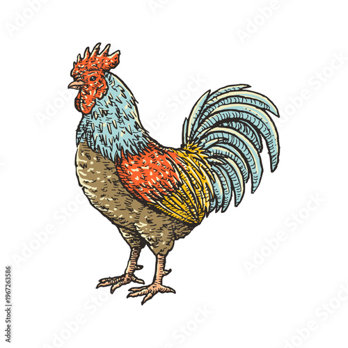 Standing Rooster with Detailed Feathers in Rustic Farm Style
