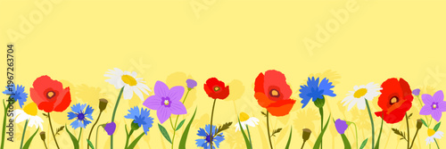Summer Wildflower Banner with Chamomile, Poppy, Cornflower and Bellflower on Yellow Background