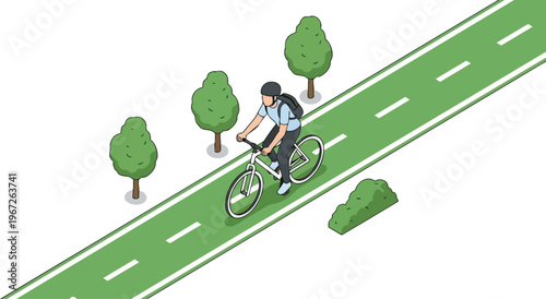 Man Commuting on Bicycle in Green Urban Bike Lane Isometric Vector Illustration