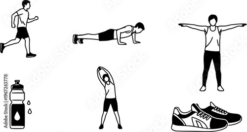 Fitness Activity Icons Featuring Silhouette Male Running Doing Pushups Stretching And Workout Equipment Elements