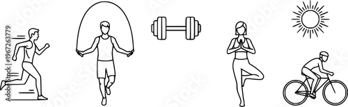 Fitness Activity Icons Featuring Line Art Running Jumping Rope Weightlifting Yoga And Cycling Elements