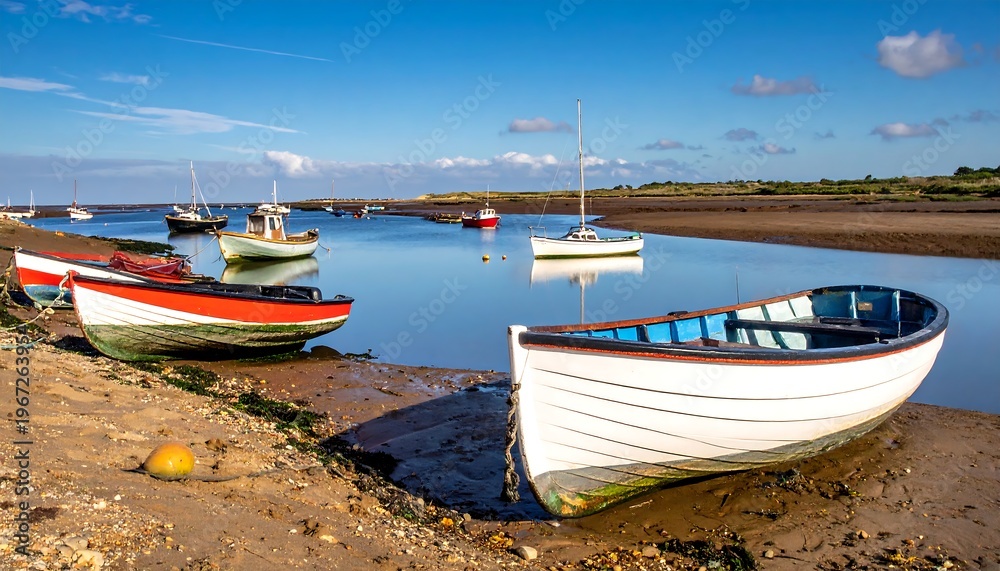 Fototapeta premium Scenic coastal scene featuring several colorful boats moored in calm water. A sunny day casts golden light on the boats and shoreline