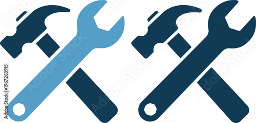 Collection of blue wrenches and hammers on for repair and construction