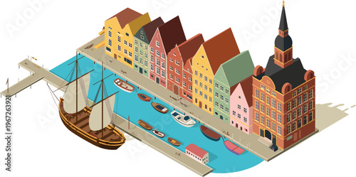 Gdansk harbor waterfront isometric scene, colorful old town houses, sailing ship, Poland architecture, historic port city, travel illustration vector