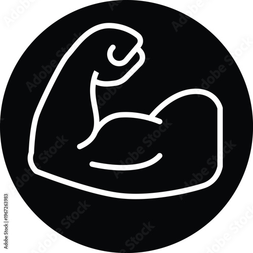 Muscle Bicep icon white line art on black circle background vector fitness bodybuilder symbol