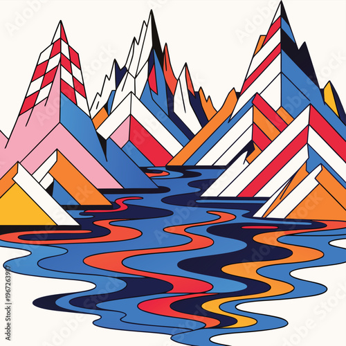 Adobe Illustrations  Abstract geometric mountain landscape with vibrant colors.
