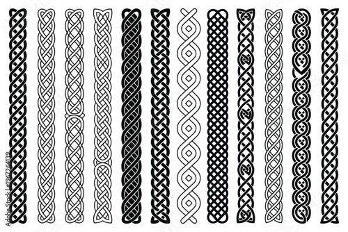 braid celtic knot border seamless pattern set for vintage frame tattoo bracelet and viking engraving, braided line ornament rope divider for scottish textile vector isolated brushes set.