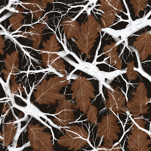 Autumn leaves hunting camouflage design. Seamless pattern. Digital camouflage. Forest jungle hunting background. Real tree pattern