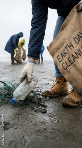 earth day cleaning, people picking up trash on beach