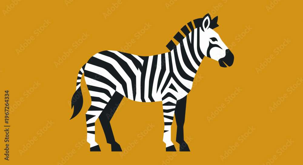 Fototapeta premium A minimalist flat vector illustration of a zebra standing still. Designed using bold, clean geometric shapes and a limited color palette of charcoal black, crisp white, and a solid mustard yellow back