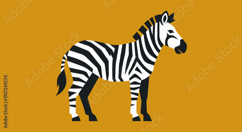A minimalist flat vector illustration of a zebra standing still. Designed using bold, clean geometric shapes and a limited color palette of charcoal black, crisp white, and a solid mustard yellow back