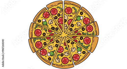 A delicious pizza cut into slices.