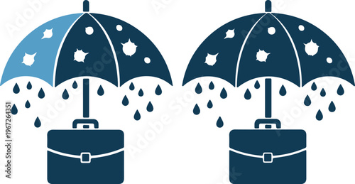 Two briefcases with umbrellas in the rain with raindrops and water droplets