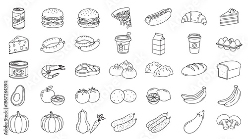 Hand drawn food icons collection with a variety of popular food and drink items, including burgers, pizza, and fruits.