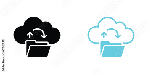 cloud file sync icon set, online storage and data synchronization concept with cloud upload download backup sharing symbols for digital network technology vector illustration.